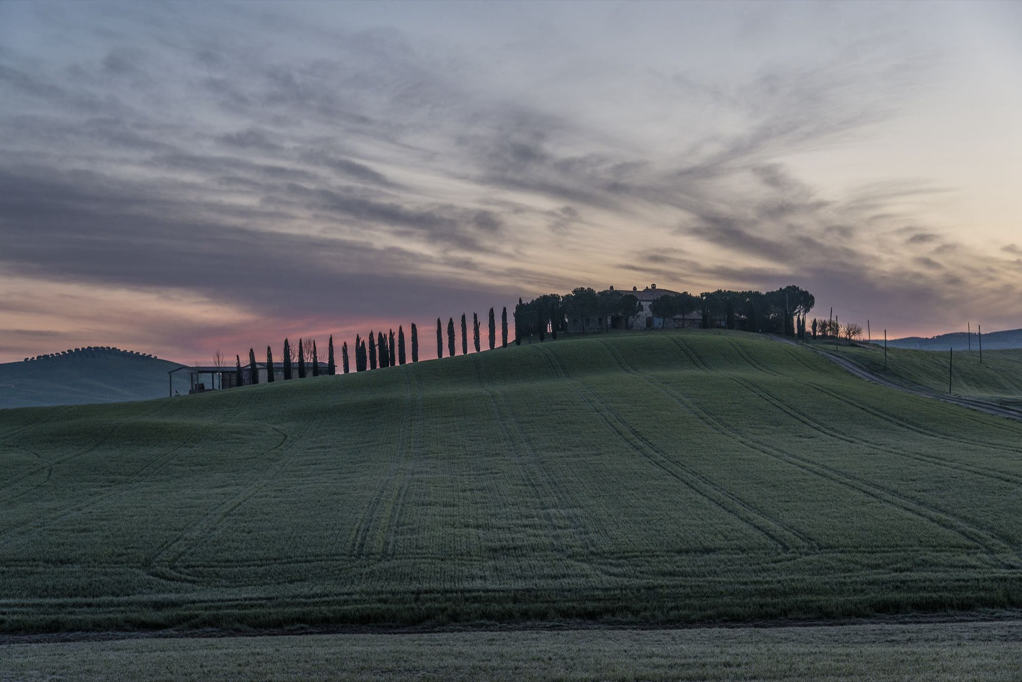 Colline della Val d Orcia al crepuscolo, con i cipressi sul crinale